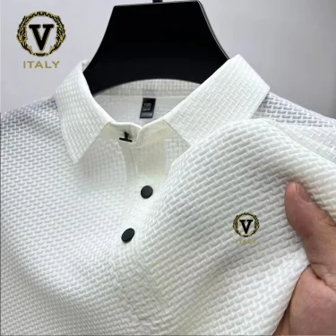 Trendy Printing Ice Silk Elastic Polo Shirt 2024 Summer T-shirt Men's Clothing Short Sleeved 2