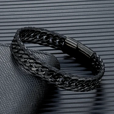 MKENDN Punk Men Braided Woven Black Leather Bracelets Black Stainless Steel Bangle for Friend Charm Fashion Jewelry Gifts 1