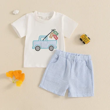 Baby Boys Shorts Set Short Sleeve Embroidery Car Fish T-shirt with Striped Shorts Summer 2 Pieces Outfits 2