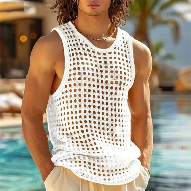 New American Style Fashion Men Tops Popular Vacation Hollow Out Mesh Vests Sexy Casual Sleeveless Tank Tops S-2XL 2025 Summer 5