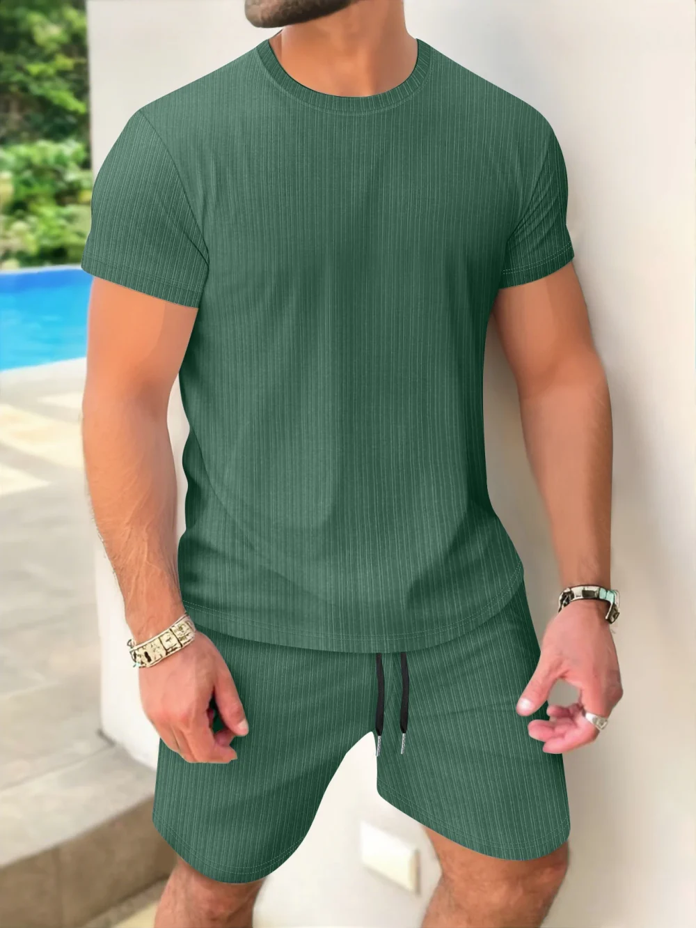 Summer men's short-sleeved and shorts set, simple and casual, high-quality outdoor men's wear, summer fashionable loose pullover 4
