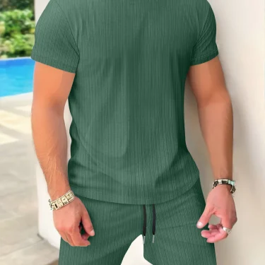 Summer men's short-sleeved and shorts set, simple and casual, high-quality outdoor men's wear, summer fashionable loose pullover 4