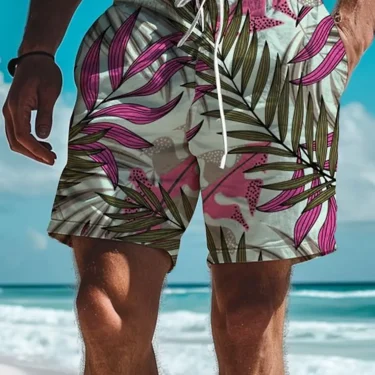 Leaf Tropical Men's Board Shorts Hawaiian Short 3D Printed Swim Trunks Elastic Drawstring Breathable Stretch Aloha Style 3