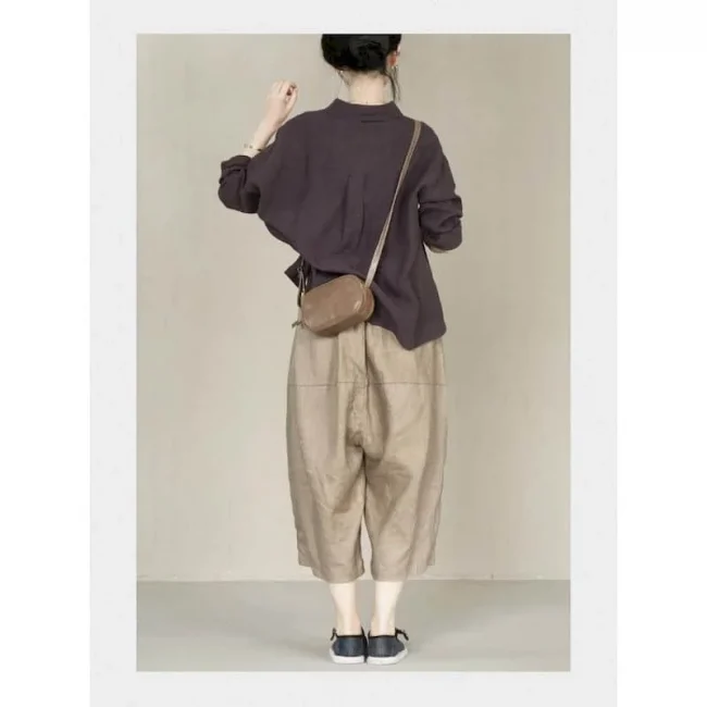 Women Cropped Pants Cotton Linen Solid Elastic Waist Baggy Trousers Loose Casual Streetwear Sweatpants Korean Style Flare Pants 4