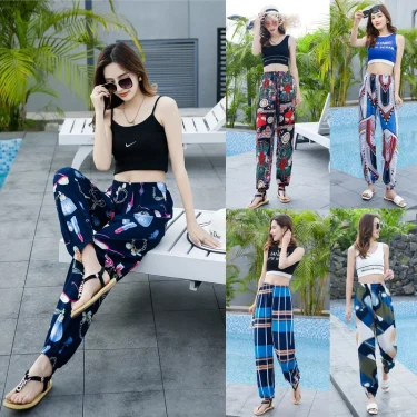 Women's Mosquito-proof Cotton Silk Beach Summer Casual Flower Pants Artificial Cotton Summer Sleeping Pants Thin Adult Bloomers 2