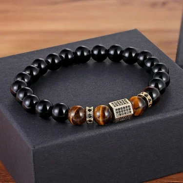 XQNI Marble Tiger Eye Bead Bracelet with Cubic Zircon Hand Jewelry Natural Stone Beads Bracelet Elastic Stretch Men Bracelet 6