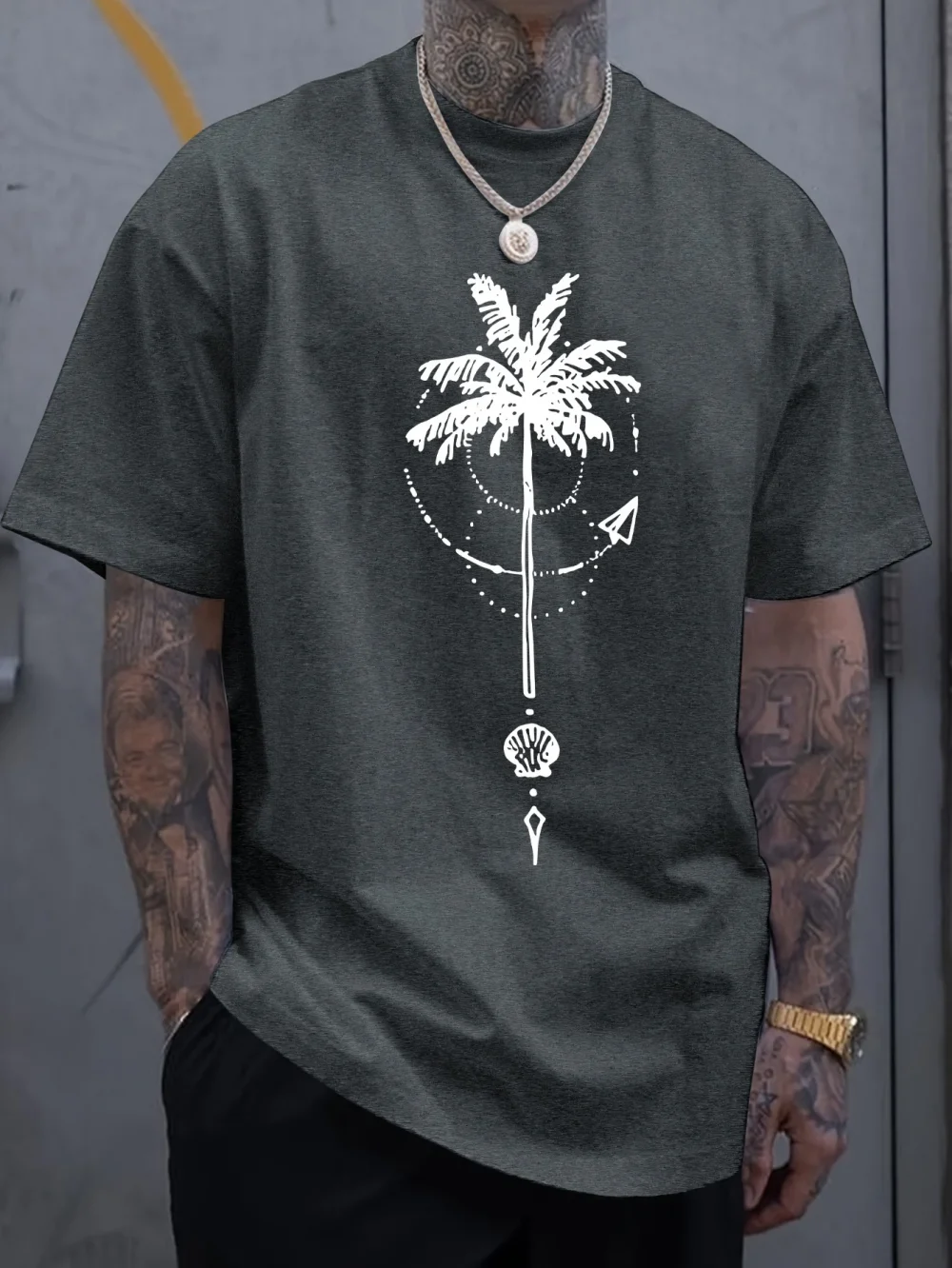 Men's summer 100 cotton fashionable sports casual loose coconut tree pattern printed round neck short sleeved T-shirt top 6