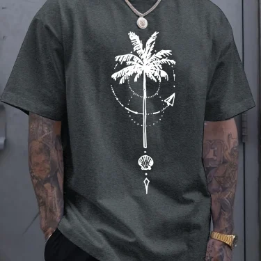 Men's summer 100 cotton fashionable sports casual loose coconut tree pattern printed round neck short sleeved T-shirt top 6