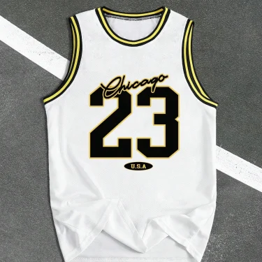 USA Chicago No.23 Printed Vest Top Men's Loose Speed Dry Black and White Sleeveless Running Playing and Exercise Tank Top Vest 5