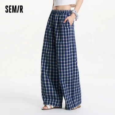Semir Textured Plaid Wide Leg Pants Women Instagram Trendy 2025 Summer New Vintage Long Pants for Relaxed Style 2