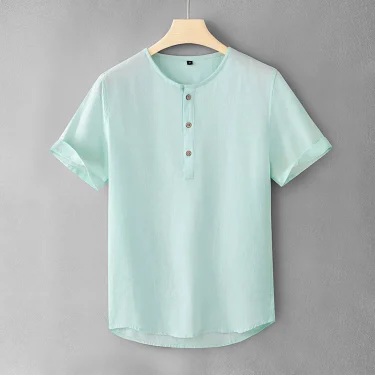 New summer stand-up collar pure linen short-sleeved shirt men's slim pullover men's breathable shirt linen round neck T-shirt 5