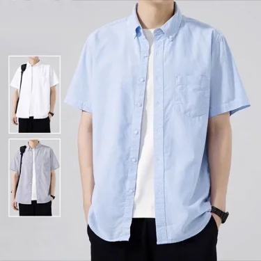 Summer new men's short sleeve business casual social non-ironing solid color all match Oxford woven shirt breathable slim 1