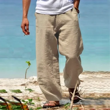 Men's Linen Beach Pants Breathable Loose Straight Trousers Male Summer Casual Solid Color Japanese Streetwear 5