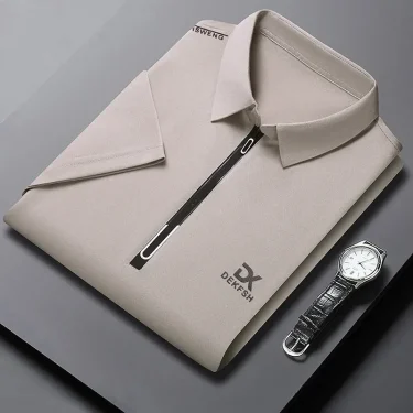 New Men's Business Casual Zipper Short Sleeve Solid Color Polo Shirt Fashionable Warm Comfortable Four Seasons Versatile Top 3