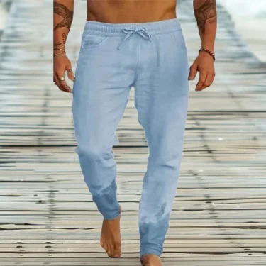 Men's Cotton Linen Casual Sweatpants Beach Pants Joggers Solid Drawstring Elastic Waist Pants Male Vacation Loose Straight Pants 1