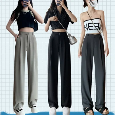 New Spring Summer Loose Wide Leg Pants Women Elegant Pleated High Waist Draped Straight Long Trousers Female Office Suit Pants 3