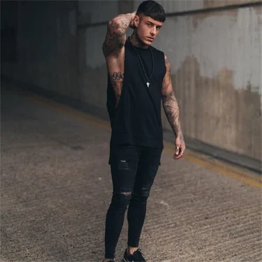 Mens Casual Fashion Tank Top Gym Fitness Workout Cotton Sleeveless Shirt Summer Clothing Male Extend Long Singlet Hip Hop Vest 2