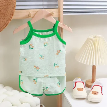 Summer Children Sling Shorts Set Fashion Flower Girls Kids Cotton Thin Breathable Pajamas Cute Cartoon Baby Toddler Home Clothes 6