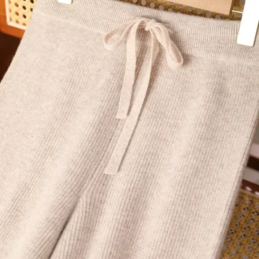 Women’s Wool Wide Leg Pants Striped Elastic Waist Cashmere Autumn Winter Chic Simple 100% Merino Wool Knitwear Casual Trousers 6