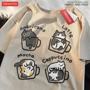 Cat Coffee Pure Cotton Trendy Summer Loose Short Sleeved T-shirt Men Women Original Mocha Latte Cat Three Flowers Fun Cat Tees 2
