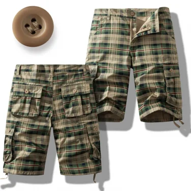 Men's Summer New Multi Pocket Pure Cotton Shorts Fashionable Plaid Casual Loose Shorts Outdoor Sports Wear Resistant Shorts 5