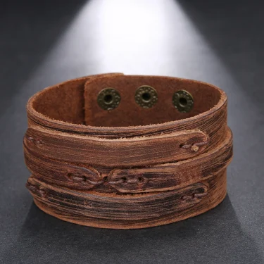 Trend Jewelry Vintage Handmade Weave Smooth Genuine Leather Bracelet Men Personalized Cuff Wide Leather Bracelet cuir homme 4