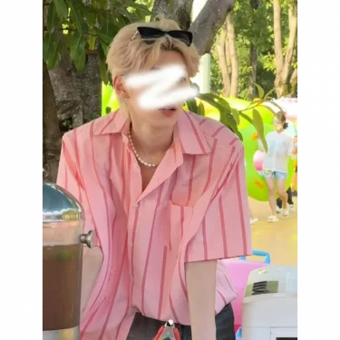 Pink Striped Shirt Short Sleeve Men Summer Thin High-end Shirt Sunny Clean Boys Wear American Jacket Breathable Resort Style 1