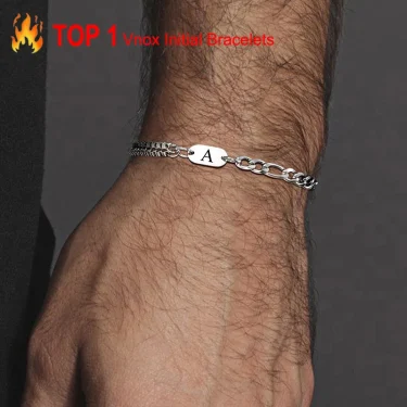 Vnox A-Z Initial Bracelets for Men Women, Never Fade Figaro Chain, Double Layered Box Link Chain Bracelets, Name Gift for Him 1