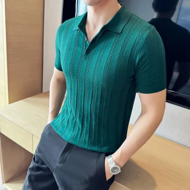 Men Business Casual Pure Color Polo Shirt with Human Word Woven Thin Stripe Short Sleeve Sweater.Stretchable Breathable T-shirt. 1