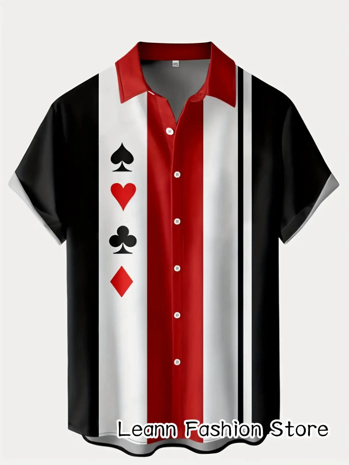 Men Summer Poker Symbol Stripe Print Shirt Casual Beach Short Sleeve Clothing Male Button Lapel Collar Fashion Leisurewear 1