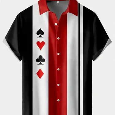 Men Summer Poker Symbol Stripe Print Shirt Casual Beach Short Sleeve Clothing Male Button Lapel Collar Fashion Leisurewear 1