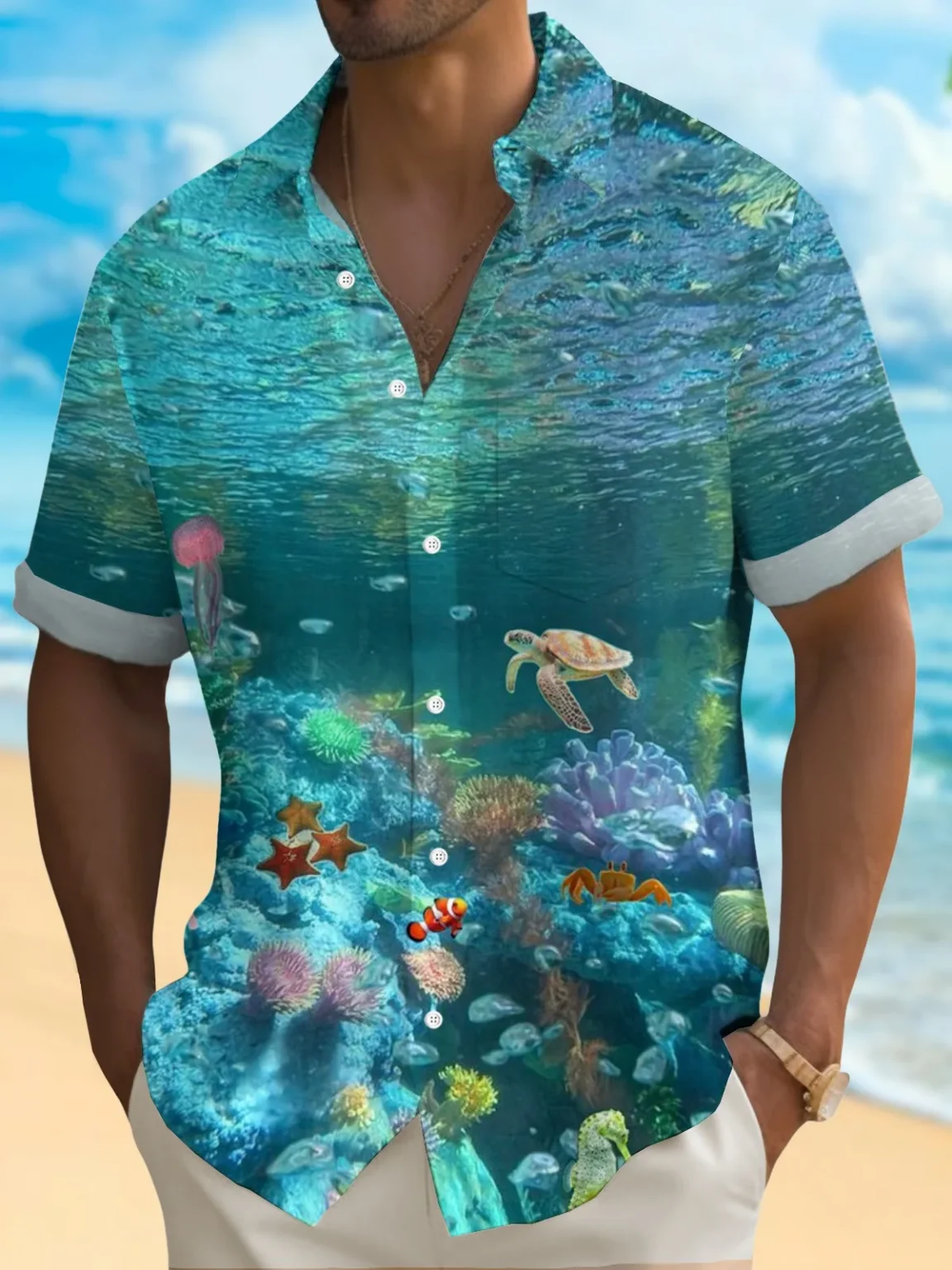 Summer Men's 3D Printed Marine Organism Graphic Shirt Hawaiian Casual Shirts Button Up Short Sleeve Shirts No Pocket 4