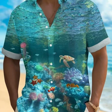 Summer Men's 3D Printed Marine Organism Graphic Shirt Hawaiian Casual Shirts Button Up Short Sleeve Shirts No Pocket 4
