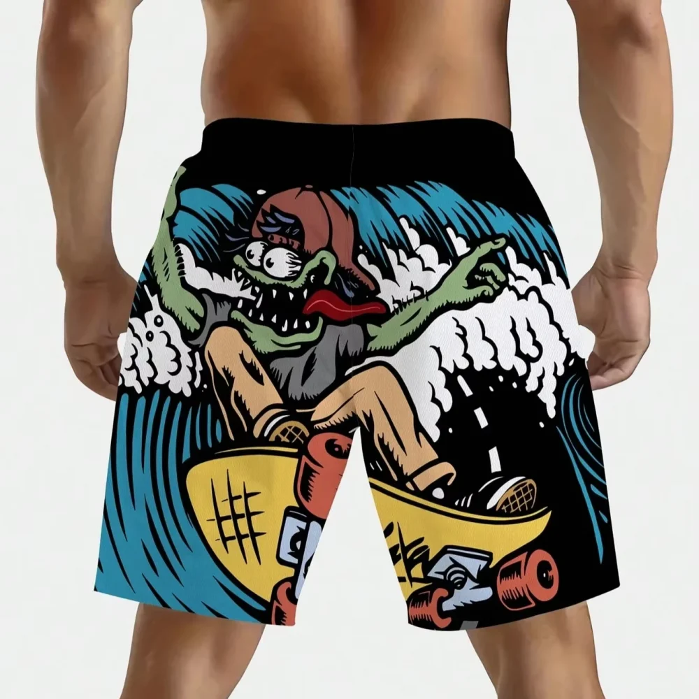 1pc Plus Size Men's Casual Sports Style Surfing Pattern Drawstring Waist Shorts with Pockets, Suitable Beach Vacation and Travel 3