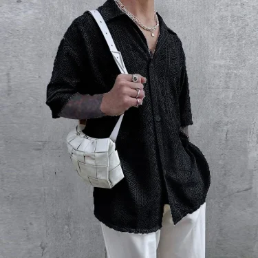 Summer Men's Clothing Mesh See Through Mesh Sexy Shirt Short Sleeve Fishnet Button-down Retro Chic Streetwear Party Blouse S-5XL 2