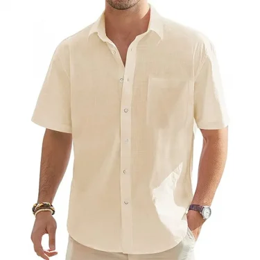 Men's Solid Color Cotton Linen Short Sleeve Shirts Vacation Beach Summer Tops with Pocket Casual Lightweight Button Shirts 1