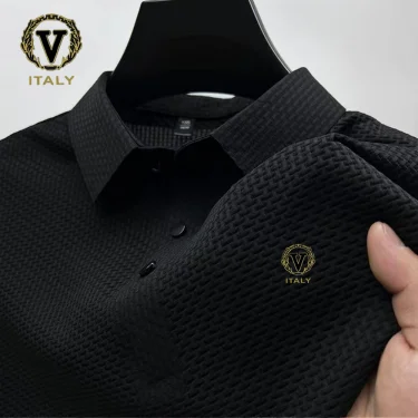 Trendy Printing Ice Silk Elastic Polo Shirt 2024 Summer T-shirt Men's Clothing Short Sleeved 4