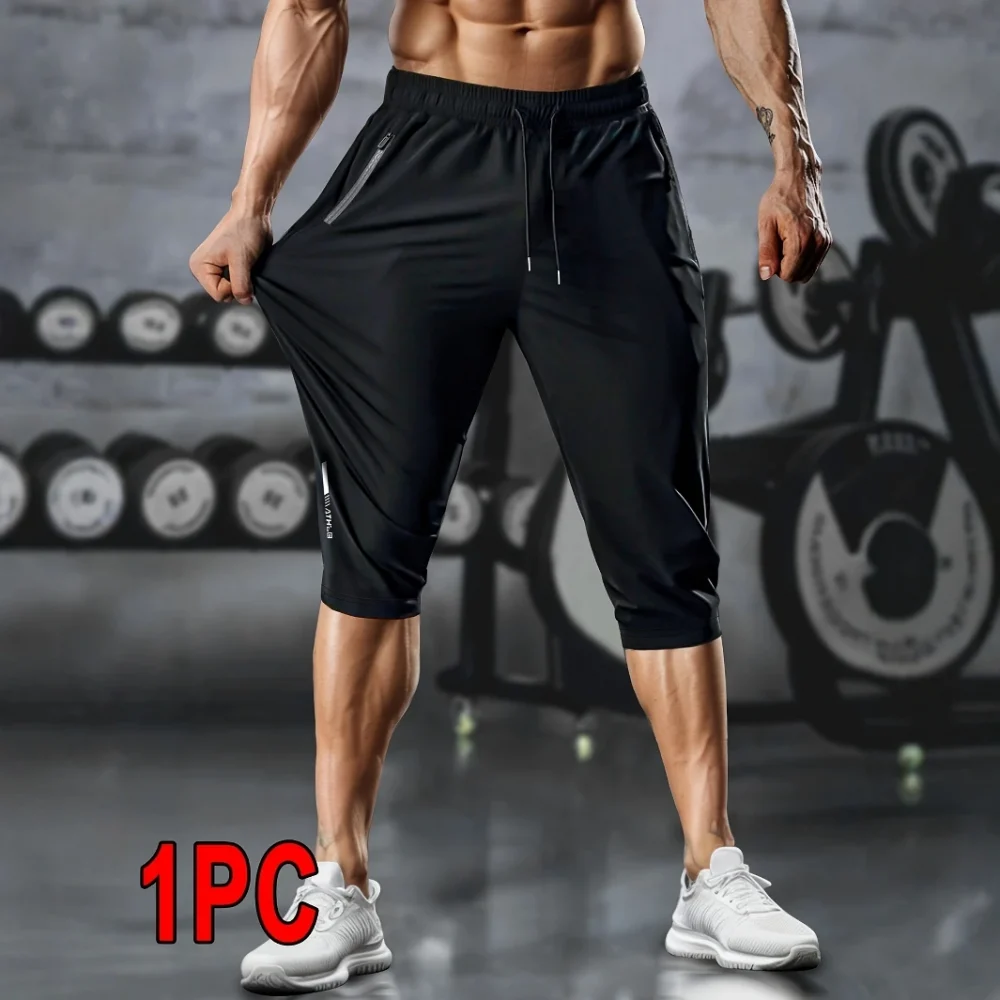 1pc Men's Lightweight Athletic Cropped Pants with Drawstring, Zippered Pockets & Reflective Strips - Breathable, Quick-Dry Fabri 2