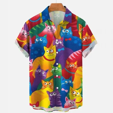 Cartoon Animal Cat Print men's Shirts Summer Anime Vintage Clothing Lapel Hawaiian Beach Shirt Men's Casual Short Sleeved Tops 3