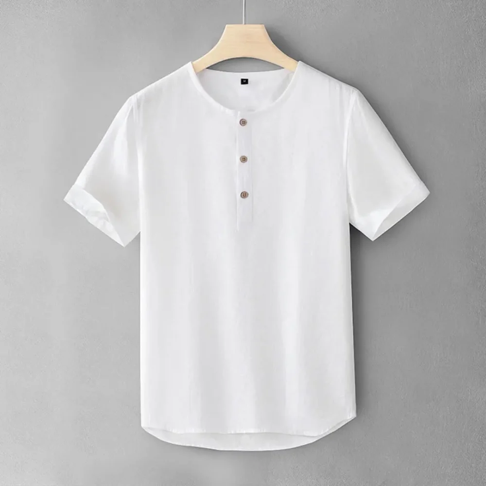 New summer stand-up collar pure linen short-sleeved shirt men's slim pullover men's breathable shirt linen round neck T-shirt 1