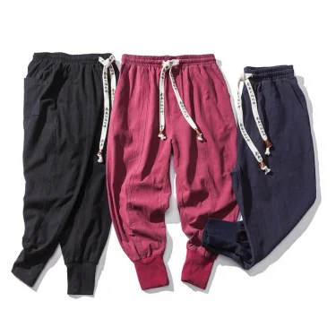 Cotton Linen Harem Pants Men Solid Elastic Waist Streetwear Joggers New Baggy Drop-crotch Pants Casual Trousers Men 6