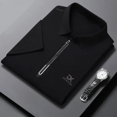 New Men's Business Casual Zipper Short Sleeve Solid Color Polo Shirt Fashionable Warm Comfortable Four Seasons Versatile Top 4