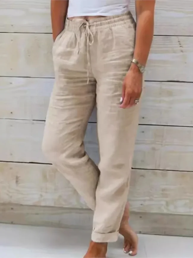 Women's High Waist Solid Color Cotton Linen Casual Pants Fashion Summer Female Holiday Casual Long Pant New 2