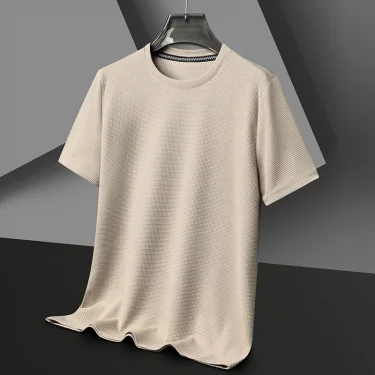 Men's New Summer Waffle round Neck Short Sleeve T-Shirt Comfortable Breathable Short-Sleeved Top for Casual Wear 3