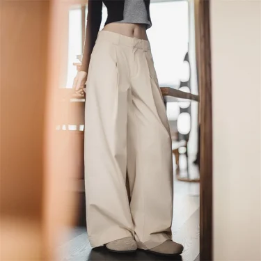 Maden Vintage Pleated Beige Wide-Leg Pants Women's Spring&Summer Straight Floor-Length Trousers Versatile Casual Palazzo Pants 1