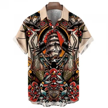 Japanese Men's Shirts Koi Print Hawaiian Buttons Beach Aloha Tops New 2024 1