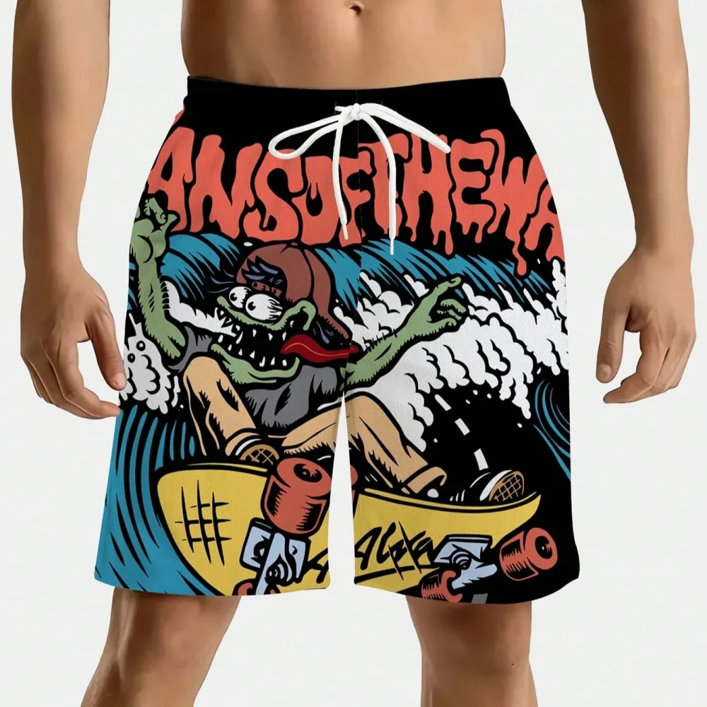1pc Plus Size Men's Casual Sports Style Surfing Pattern Drawstring Waist Shorts with Pockets, Suitable Beach Vacation and Travel 2