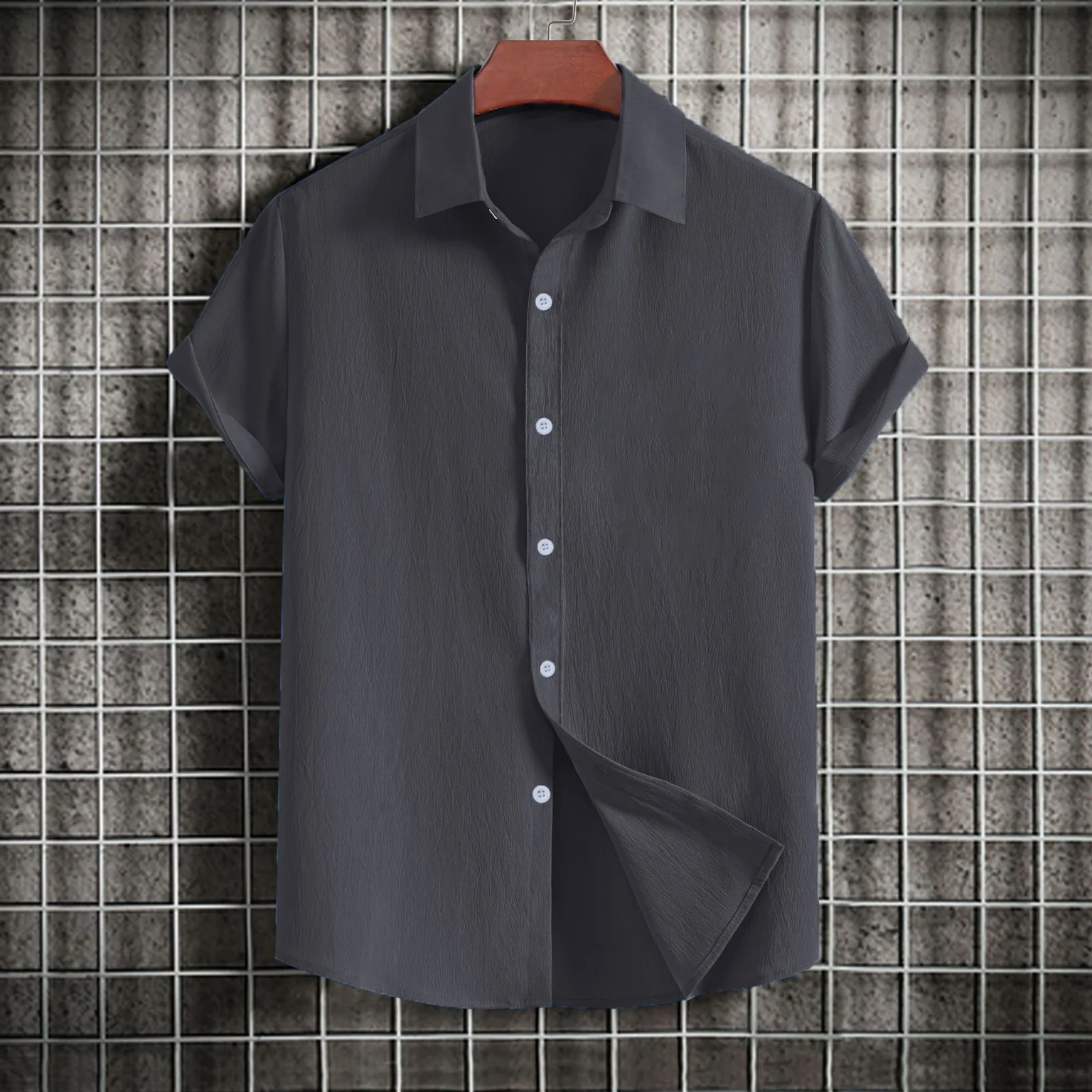 Men's casual short-sleeved solid color lapel shirt 3