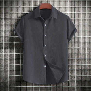 Men's casual short-sleeved solid color lapel shirt 3