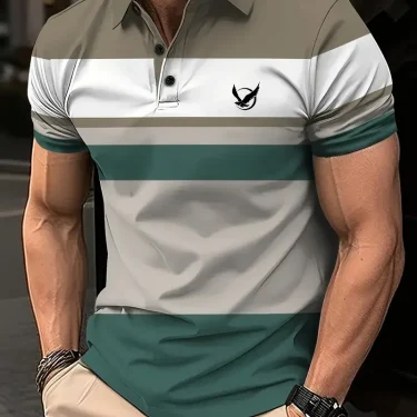Men's bird pattern 3D print contrasting button up shirt with casual sports suitable for outdoor short sleeved striped polo shirt 2